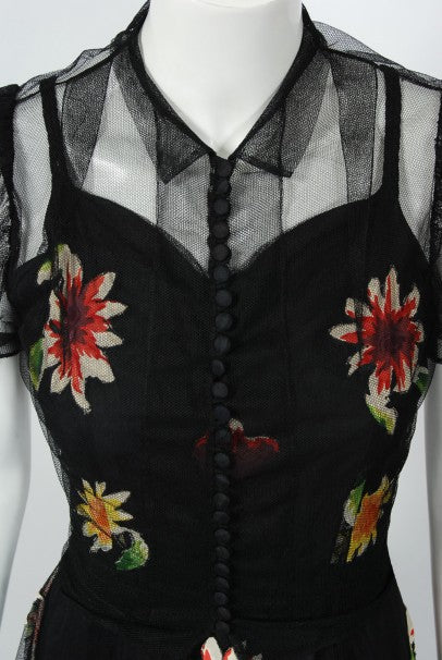 1930&#39;s Rainbow Floral Applique Silk &amp; Sheer Net-Tulle Puff Sleeve Gown Ensemble