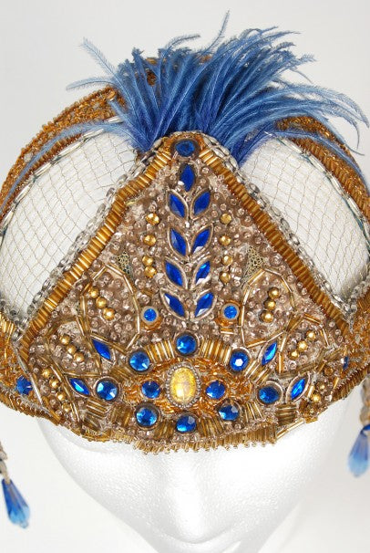 1920&#39;s French Couture Gold Beaded Blue Jeweled Flapper Headpiece