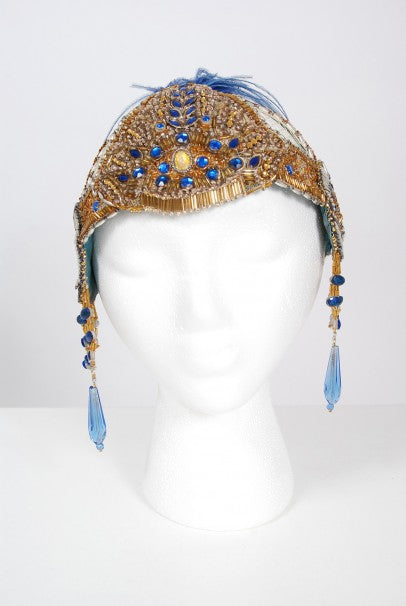 1920&#39;s French Couture Gold Beaded Blue Jeweled Flapper Headpiece