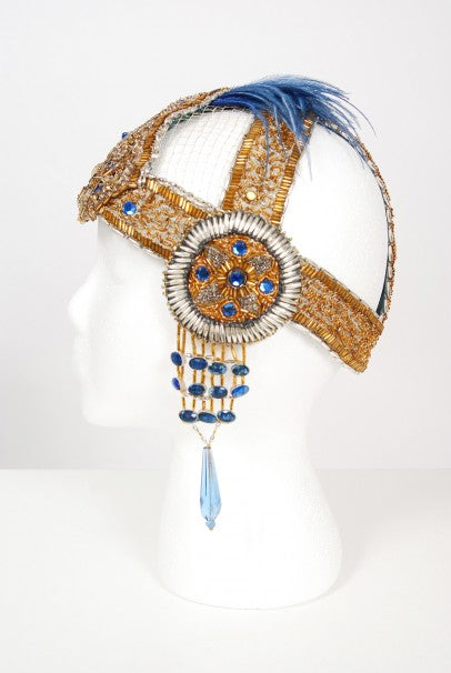 1920&#39;s French Couture Gold Beaded Blue Jeweled Flapper Headpiece