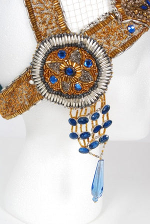 1920's French Couture Gold Beaded Blue Jeweled Flapper Headpiece