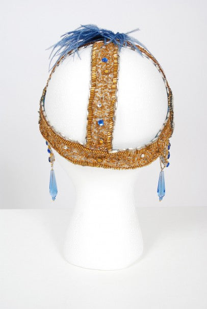 1920&#39;s French Couture Gold Beaded Blue Jeweled Flapper Headpiece