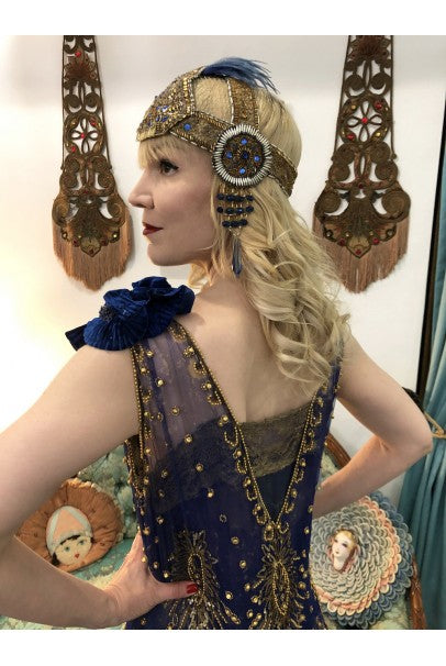 1920&#39;s French Couture Gold Beaded Blue Jeweled Flapper Headpiece