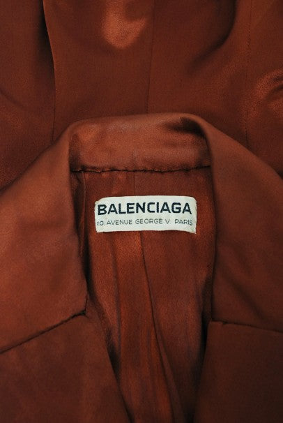 1946 Balenciaga Haute Couture Copper Satin Tailored Peplum Jacket and Skirt Suit