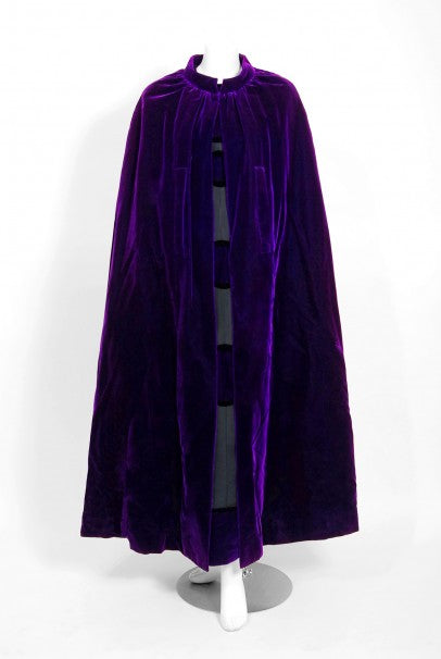 1970 Pierre Balmain Haute-Couture Purple Velvet Graphic Mod Evening Gown & Cape