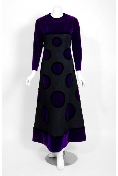 1970 Pierre Balmain Haute-Couture Purple Velvet Graphic Mod Evening Gown &amp; Cape