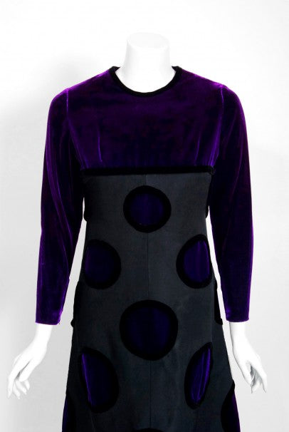1970 Pierre Balmain Haute-Couture Purple Velvet Graphic Mod Evening Gown &amp; Cape