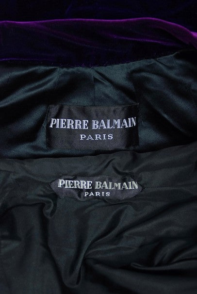 1970 Pierre Balmain Haute-Couture Purple Velvet Graphic Mod Evening Gown &amp; Cape