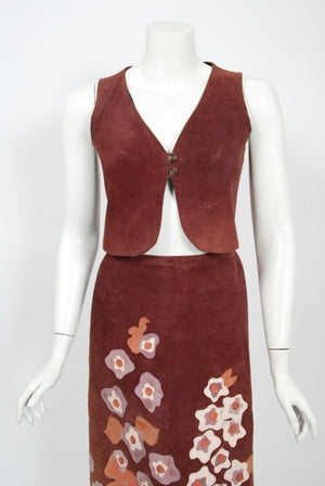 1970's Eavis & Brown Patchwork Leather Floral Applique Bohemian Skirt set