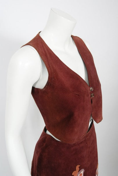 1970's Eavis & Brown Patchwork Leather Floral Applique Bohemian Skirt set