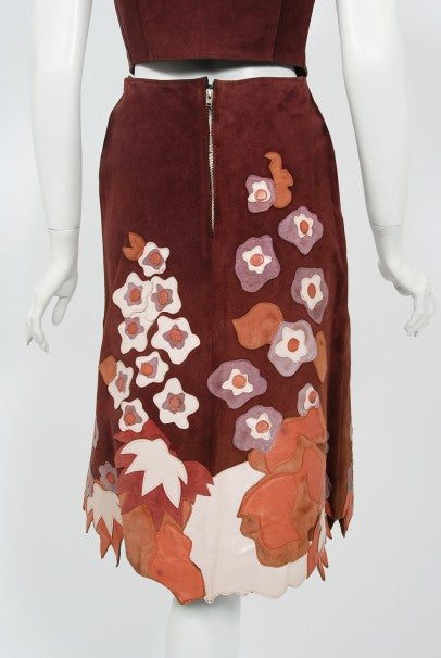 1970's Eavis & Brown Patchwork Leather Floral Applique Bohemian Skirt set