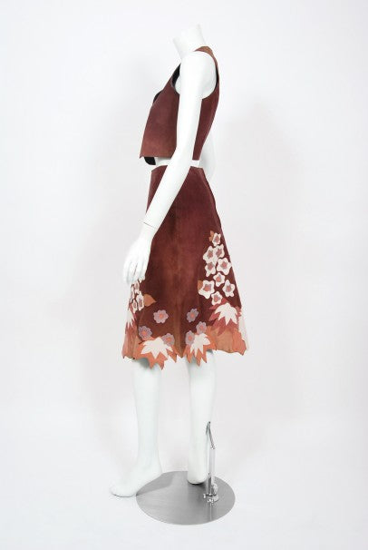 1970's Eavis & Brown Patchwork Leather Floral Applique Bohemian Skirt set