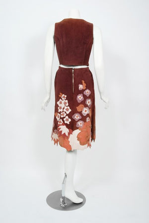 1970's Eavis & Brown Patchwork Leather Floral Applique Bohemian Skirt set