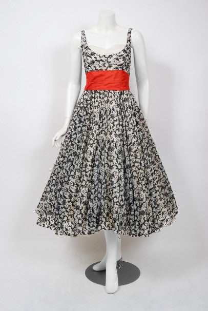 1950&#39;s Will Steinman Embroidered Ivory Chiffon Sweetheart Sash-Bow Dress