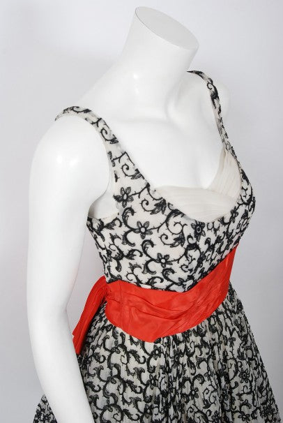 1950&#39;s Will Steinman Embroidered Ivory Chiffon Sweetheart Sash-Bow Dress
