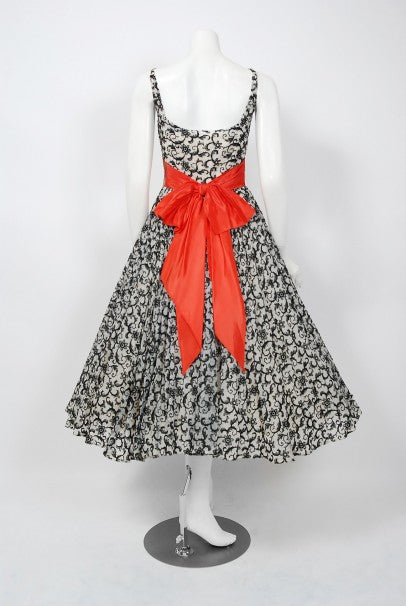1950&#39;s Will Steinman Embroidered Ivory Chiffon Sweetheart Sash-Bow Dress