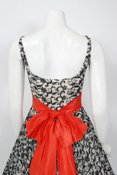 1950&#39;s Will Steinman Embroidered Ivory Chiffon Sweetheart Sash-Bow Dress