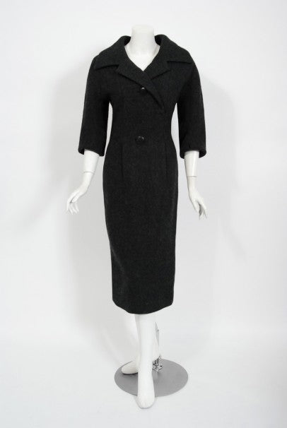1955 Christian Dior Haute Couture Documented Charcoal-Gray Wool Sheath Dress