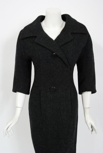 1955 Christian Dior Haute Couture Documented Charcoal-Gray Wool Sheath Dress