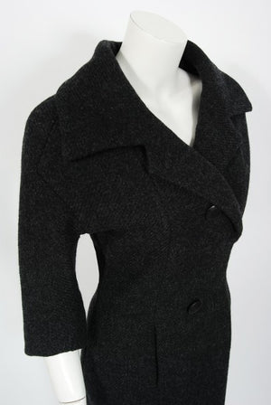 1955 Christian Dior Haute Couture Documented Charcoal-Gray Wool Sheath Dress