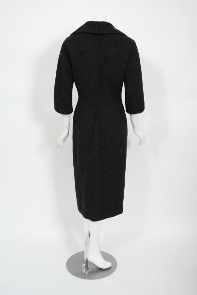 1955 Christian Dior Haute Couture Documented Charcoal-Gray Wool Sheath Dress