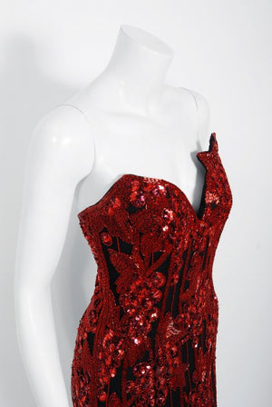 1990 Bob Mackie Red Grapevines Beaded Sequin Silk Strapless Hourglass Slit Gown