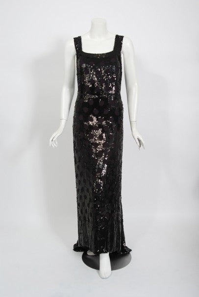 1930&#39;s Henri Bendel Couture Purple Silk &amp; Black Sequin Deco-Dots Trained Gown