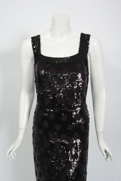 1930&#39;s Henri Bendel Couture Purple Silk &amp; Black Sequin Deco-Dots Trained Gown