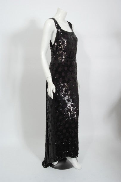 1930&#39;s Henri Bendel Couture Purple Silk &amp; Black Sequin Deco-Dots Trained Gown