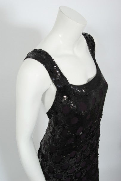 1930&#39;s Henri Bendel Couture Purple Silk &amp; Black Sequin Deco-Dots Trained Gown