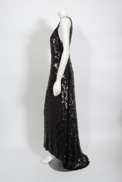 1930&#39;s Henri Bendel Couture Purple Silk &amp; Black Sequin Deco-Dots Trained Gown