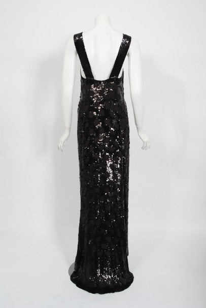 1930&#39;s Henri Bendel Couture Purple Silk &amp; Black Sequin Deco-Dots Trained Gown