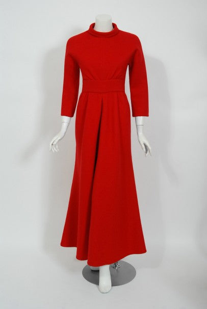 1967 Nina Ricci Haute Couture Ruby Red Wool Full-Length Mod Dress Jumpsuit