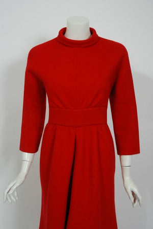 1967 Nina Ricci Haute Couture Ruby Red Wool Full-Length Mod Dress Jumpsuit