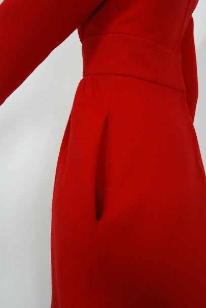 1967 Nina Ricci Haute Couture Ruby Red Wool Full-Length Mod Dress Jumpsuit