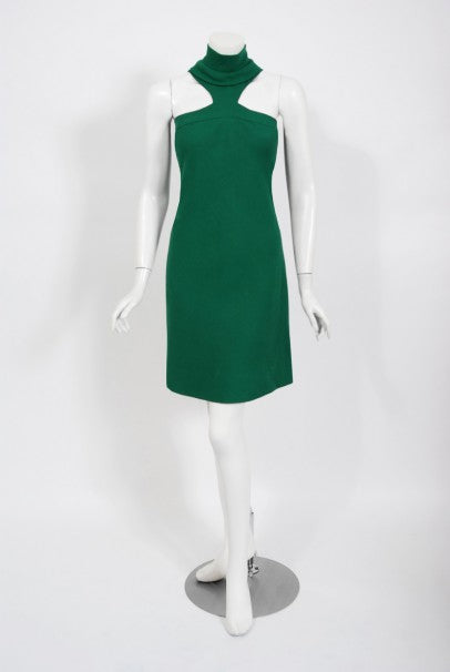 1966 Pierre Cardin Haute Couture Documented Green Crepe Turtleneck Mod Dress