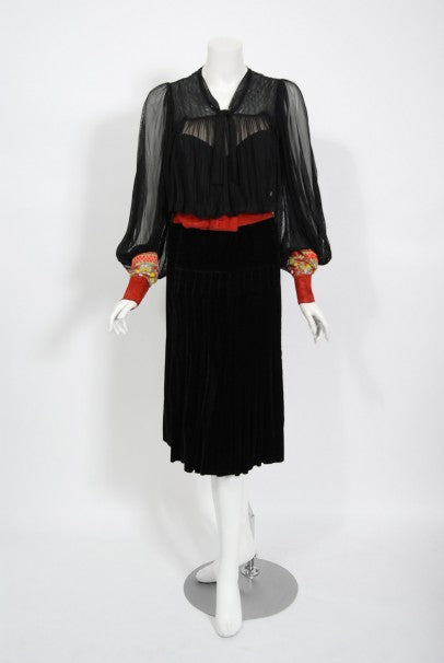 1935 House of Worth Couture Beaded Velvet & Silk Illusion Belted Dress