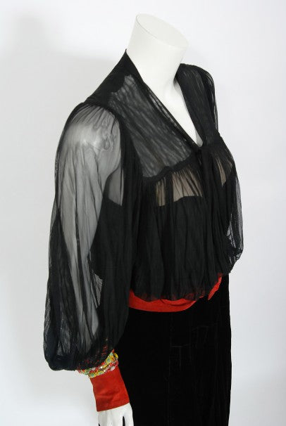 1935 House of Worth Couture Beaded Velvet &amp; Silk Illusion Belted Dress