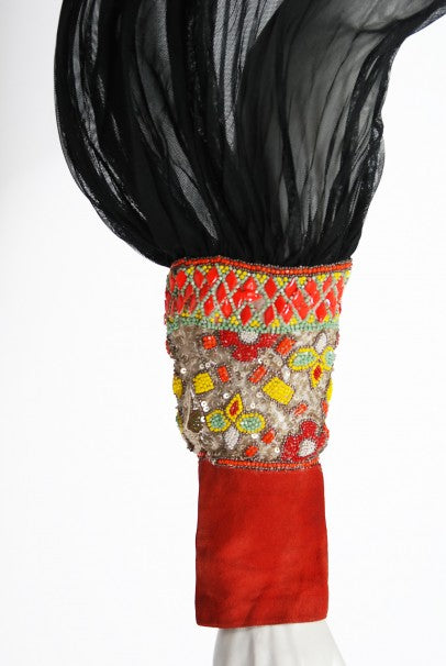 1935 House of Worth Couture Beaded Velvet &amp; Silk Illusion Belted Dress