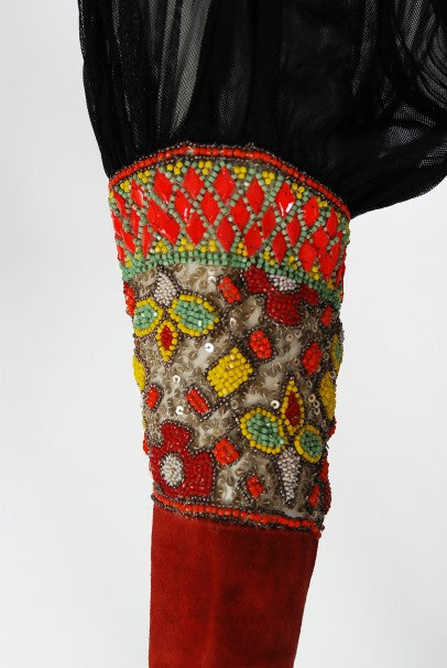 1935 House of Worth Couture Beaded Velvet &amp; Silk Illusion Belted Dress