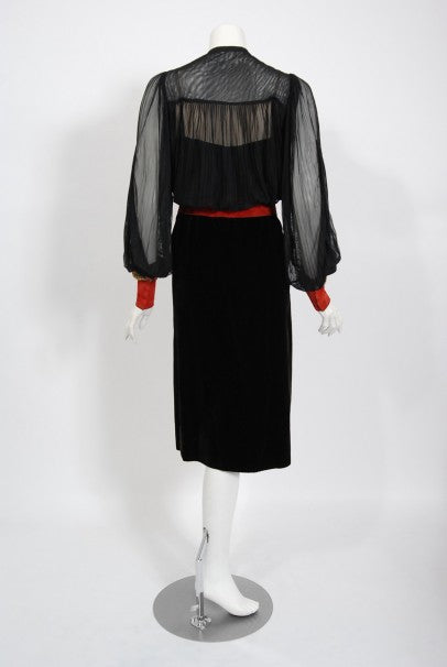 1935 House of Worth Couture Beaded Velvet &amp; Silk Illusion Belted Dress