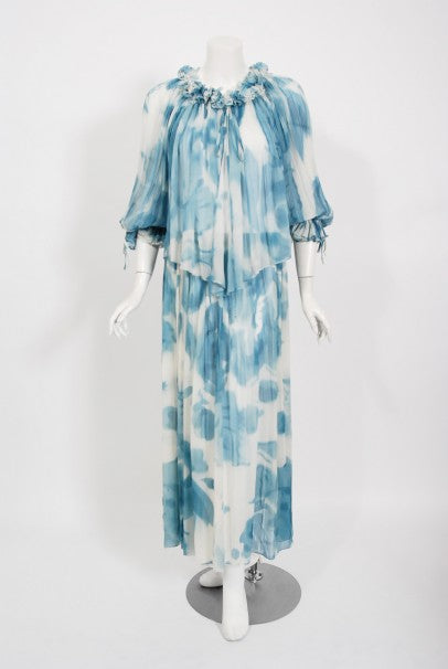 1970's Sant' Angelo Blue Cloud Print Chiffon Dress & Off-Shoulder Blouse