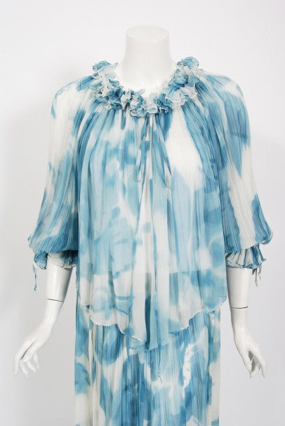 1970's Sant' Angelo Blue Cloud Print Chiffon Dress & Off-Shoulder Blouse