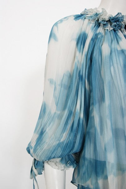 1970's Sant' Angelo Blue Cloud Print Chiffon Dress & Off-Shoulder Blouse