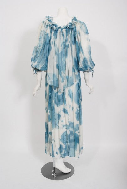 1970's Sant' Angelo Blue Cloud Print Chiffon Dress & Off-Shoulder Blouse