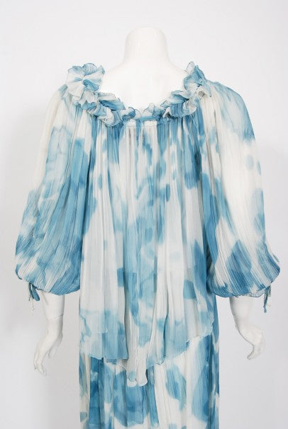 1970's Sant' Angelo Blue Cloud Print Chiffon Dress & Off-Shoulder Blouse