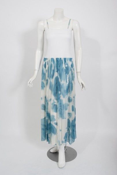 1970's Sant' Angelo Blue Cloud Print Chiffon Dress & Off-Shoulder Blouse