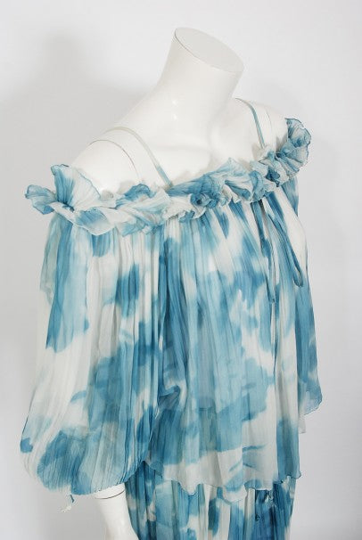 1970's Sant' Angelo Blue Cloud Print Chiffon Dress & Off-Shoulder Blouse