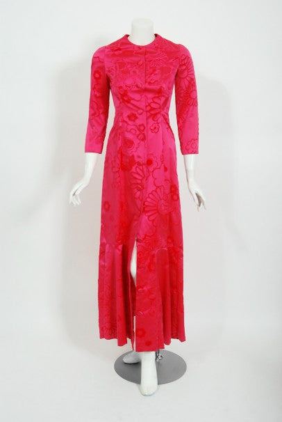 1970 Mainbocher Couture Pink Flocked Silk Hourglass Mermaid Dress