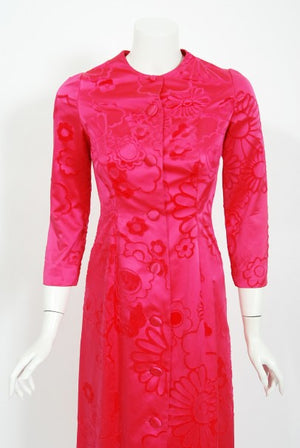 1970 Mainbocher Couture Pink Flocked Silk Hourglass Mermaid Dress